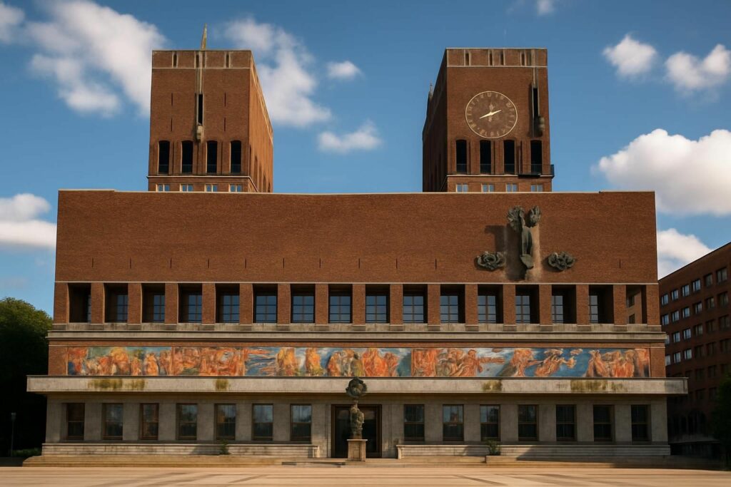 découvrez oslo rådhus, la mairie emblématique d'oslo, célèbre pour ses fresques monumentales qui racontent l'histoire et la culture norvégiennes.